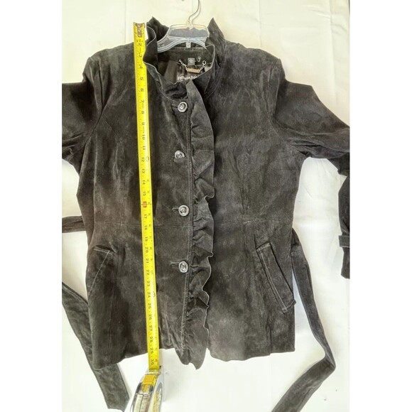 Pamela McCoy Couture Suede Leather Jacket Coat Size L Ruffle Belted Boho Witchy - Picture 7 of 16